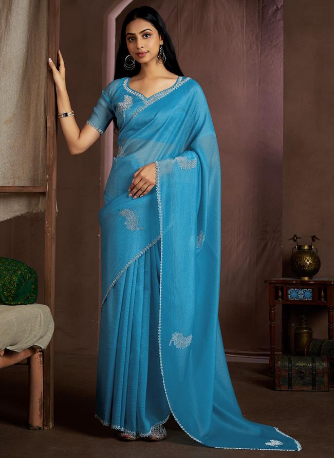 Crush Silk Carbon Party Wear Hand Work Saree